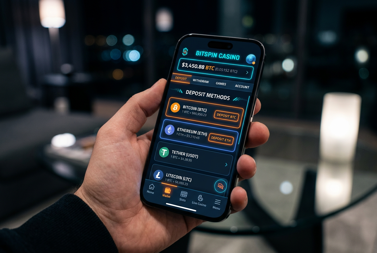Moderní herní rozhraní online casina s krypto-pokladnou a možnostmi vkladu Bitcoin a Ethereum